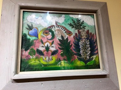 Photograph of Minnie Evans's artwork titled, "Visions" that is on display at the Hickory Museum of Art. Image C/O Flickr Photograph of Minnie Evans's artwork titled, "Visions" that is on display at the Hickory Museum of Art.