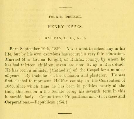Image of biographical entry for Henry Eppes, from the "Tar heel sketch-book. A brief biographical sketch of the life and public acts of the members of the General assembly of North Carolina. Session of 1879". 