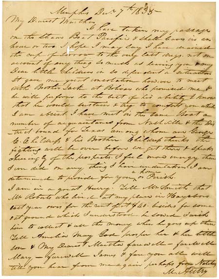 Image of Letter from Micajah Autry to Martha Autry, December 7, 1835, from the James Lockhart Autry family papers at Rice University.