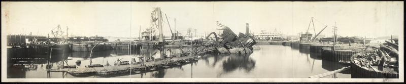 Wreck of the U.S.S. Maine, June 16th, 1911 Photo depicting the destroyed battleship, U.S.S. Maine. Pieces of it are in a harbor being salvaged.