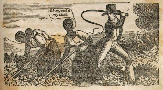 Slaves under the overseer's whip Depiction of enslaved people being whipped by their enslaver. A female enslaved woman is saying "oh child my child". The enslaver is dressed in fancy clothes and the enslaved people are wearing field clothes.