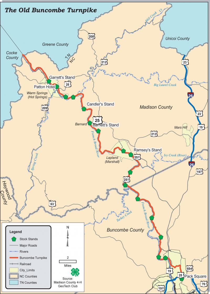Buncombe County Turnpike: GIS map A map depicting the Buncombe Turnpike. It spans from the Tennessee border down to Asheville.