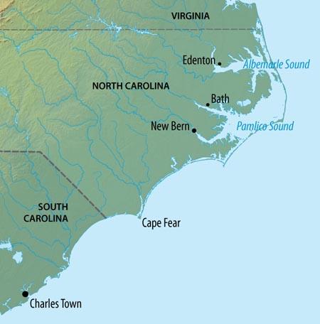 Map of major Carolina settlements, 1729 Map of major Carolina settlements, 1729