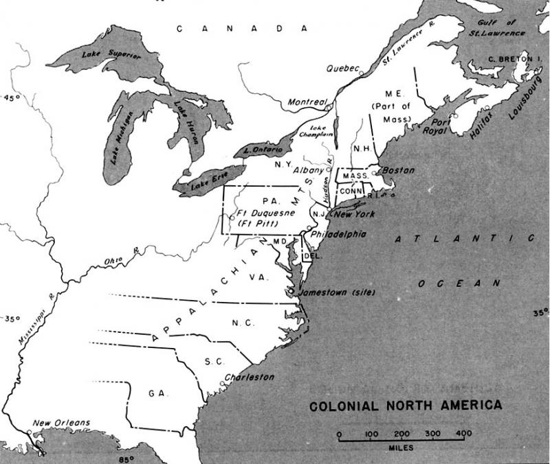 Colonial North America Map depicting colonial North America.