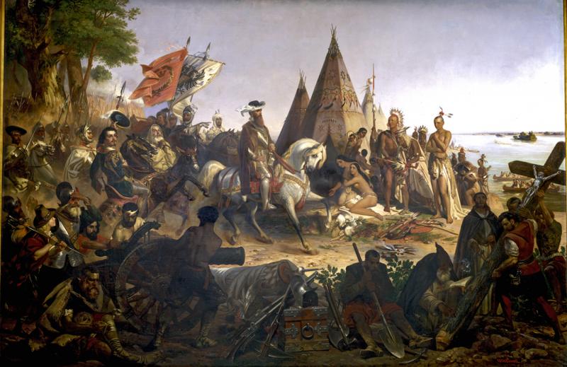 Discovery of the Mississippi by De Soto De Soto is pictured in the center of the painting with armor and a white horse. He is surrounded by indigenous people.