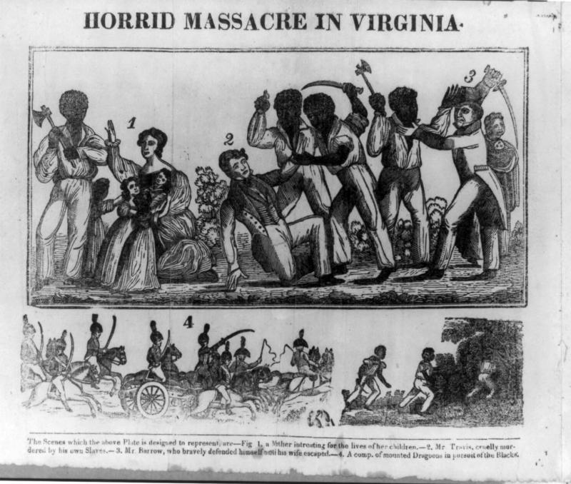 Horrid Massacre in Virginia Illustration depicting Nat Turner's Rebellion. Scene 1 depicts enslaved people standing over white people with weapons. A white woman has two children. Scene 2 depicts armor cavalry attacking the enslaved rebels.