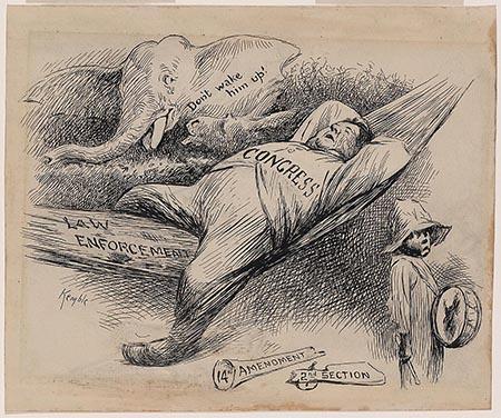 14th Amendment, 2nd Section (1902) Cartoon shows Congress as a fat man asleep in a hammock labeled "Law Enforcement." A broken blunderbuss, labeled "14th Amendment, 2nd Section," lies at his feet. A small black boy walks by holding a drum, but an elephant cautions, "Don't wake him up!"