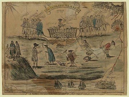 This watercolor painting depicts opposing viewpoints of Federalists and Antifederalists on the eve of the signing of the Constitution in 1787.