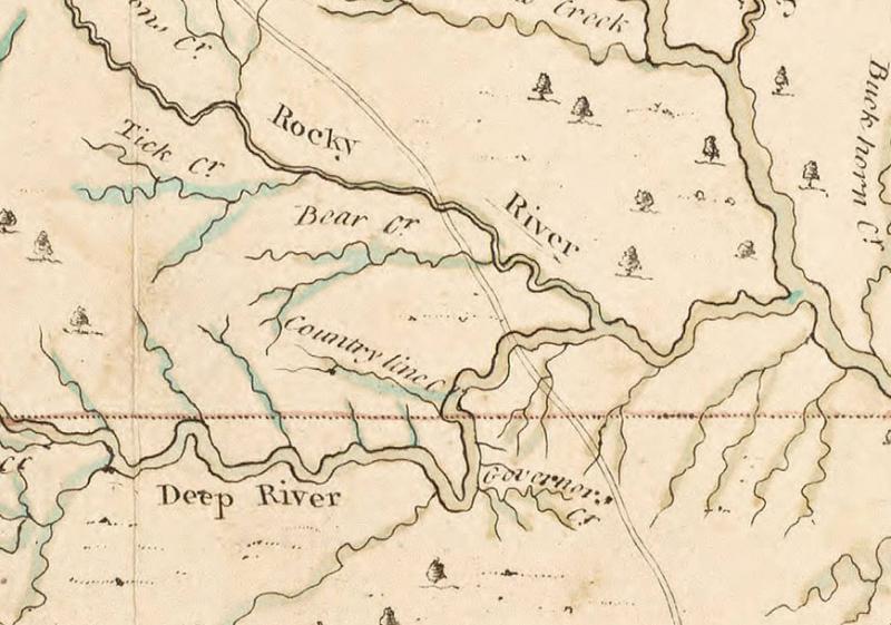 A Compleat map of North-Carolina from an actual survey This image is an excerpt of "A Compleat map of North-Carolina from an actual survey," created by John Collett, J. Bayly, and Samuel Hooper, 1770. It was published in London, England. This excerpt shows the "horseshoe" portion of the Deep River where Philip Alston had his home. The northern section of the bend, above Governor's Creek, is the location of Carbonton, the area where Loyalist Connor Dowd had his mills, tannery, and distillery.