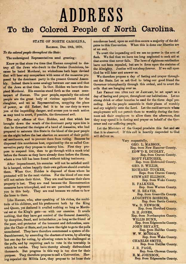 Address to the Colored People of North Carolina, 1870 Address to the Colored People of North Carolina, 1870