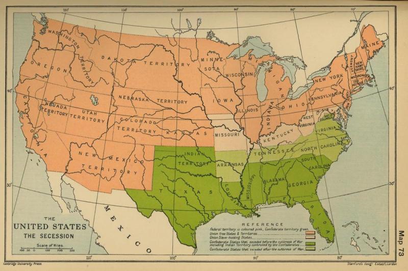 Cambridge Modern History Secession Map Map showing the United States during the Civil War, with color coding delineating between states that remained with the Union and those that seceded.