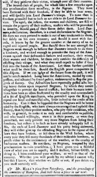 Response to Dunmore's Proclamation, Virginia Gazette, November 25, 1775 Image of excerpt of a letter published in the Virginia Gazette on November 25, 1775 in response to Lord Dunmore's Proclamation of November 7, 1775.