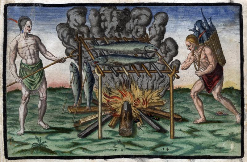 The Broiling of Their Fish Over the Flame Two American Indian men cooking fish over an open flame. They are wearing cloth skirts and are muscular.