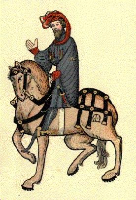 Knight on a horse from Ellesmere Manuscript A man in armor on horseback. He has a headscarf and his horse is tan and has a brand and saddle.