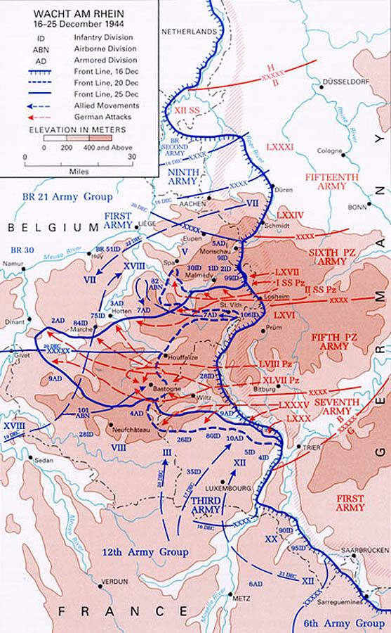 Battle of the Bulge map This map depicts series of German offensives on the border of France and Germany in World War 2 in December 1945.