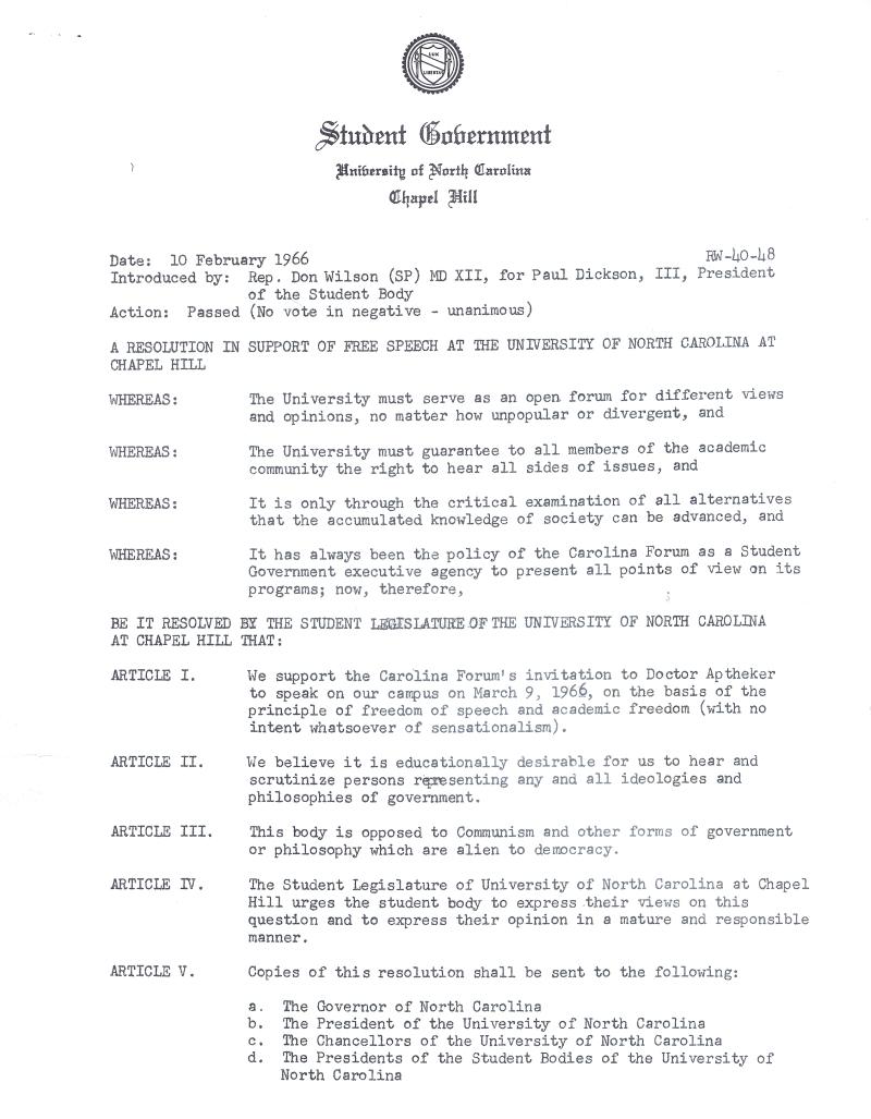 Resolution in Support of Free Speech from Student Government, Page 1 Resolution in Support of Free Speech from Student Government, Page 1