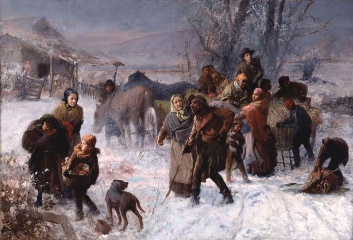 The Underground Railroad Levi and his wife Catherine are depicted helping enslaved people escape in the night.