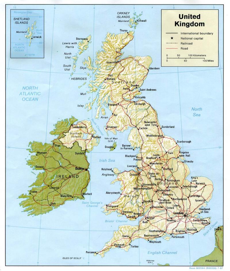 United Kingdom (shaded relief map) Map depicting the British Isles on a shaded relief map. Railroads, cities, and roads are marked.