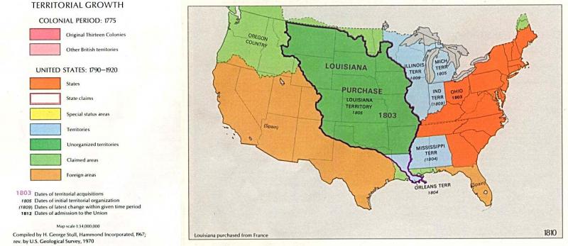 U.S. territorial growth, 1810 A map depicting territorial growth in the US in 1810. Sections are shaded in different colors to denote when they were acquired.