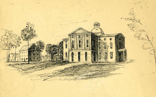 Drawing by Hope Chamberlain of the old captiol building that was destroyed by fire in 1831. Image courtesy of the NC Museum of History. 