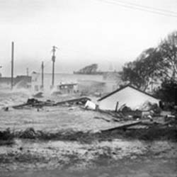 Hurricane Hazel caused flooding to reach rooftops of houses in Morehead City. Image courtesy of East Carolina University RENCI center. Hurricane Hazel caused flooding to reach rooftops of houses in Morehead City.