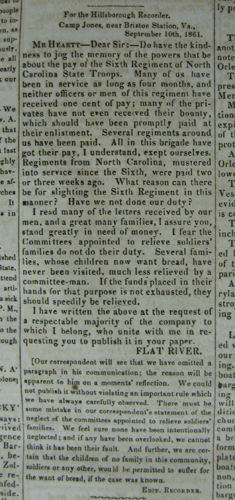 "Letter from “Flat River” to Dennis Heartt, 10 September 1861." Courtesy of The Civil War Day by Day blog, UNC Libraries. 