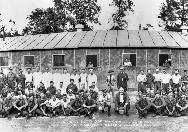 Civilian Conservation Corps workers in front of the barracks in which they were housed at Globe, 1934. Courtesy of North Carolina Office of Archives and History, Raleigh. Civilian Conservation Corps workers in front of the barracks in which they were housed at Globe, 1934. Courtesy of North Carolina Office of Archives and History, Raleigh.