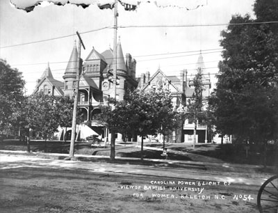 Baptist University for Women (Meredith College), downtown Raleigh, NC, 1909. From Carolina Power and Light (CP&L) Photograph Collection, North Carolina State Archives, call # PhC68_1_183. Baptist University for Women (Meredith College), downtown Raleigh, NC, 1909. From Carolina Power and Light (CP&L) Photograph Collection, North Carolina State Archives, call # PhC68_1_183.