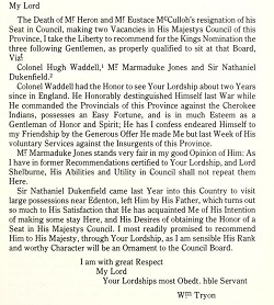 Letter from Gov. William Tryon to the Earl of Hillsborough referencing Marmaduke Jones, 1771. Image from Internet Archive.