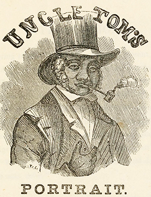 Engraving of Thomas H. Jones. He is wearing a top hat, white shirt, and suit coat.  He has a smoking pipe in his mouth and curly hair on each side of his face.  Text on the image reads "Uncle Tom's Portrait."