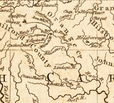 Closeup section of Thomas Kitchin's 1781 map of "The seat of war in the southern part of Virginia, North Carolina, and the northern part of South Carolina."  Lindley's Mill is shown near the center of the image along a tributary of the Haw River.  Published 1781 by R. Baldwin, detached from the London Magazine, Vol. 50 (June 1781).  From the North Carolina Collection, on North Carolina Maps. 