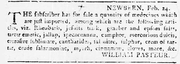 Advertisement by William Pasteur in the <i>North-Carolina Gazette</i> (New Bern, North Carolina), March 6, 1778, p. 3. From North Carolina Digital Collections. 