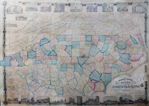 Samuel Pearce's "Pearce's New Map - The State of North Carolina." published circa 1860-1866.  From the collections of the State Archives of North Carolina.  Presented by North Carolina Maps at the University of North Carolina at Chapel Hill.    