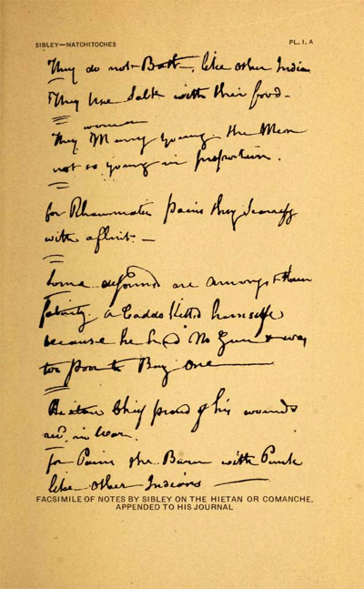 Facsimile of John Sibley's handwritten notes from his journal published as <i>A Report from Natchitoches in 1807</i>, published 1922 by the Museum of the American Indian, Heye Foundation, New York. Presented on Archive.org. 