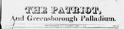 Image of masthead from <i>The Patriot, and Greensboro Palladium,</i>" April 18, 1929.  From Historic Greensboro Newspapers, UNCG Digital Collections.