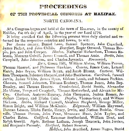 Journal of the proceedings of the Provincial Congress of North Carolina, held at Halifax on the fourth day of April 1776. Courtesy of the North Carolina Digital Collections. 