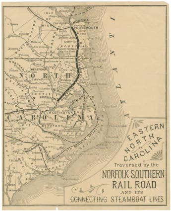 Image of "Eastern North Carolina: Traversed by the Norfolk Southern Railroad and its connecting steamboat lines," published in 1884 by J. C. Rankin. Presented in University of North Carolina at Chapel Hill's North Carolina Maps Digital Collection.